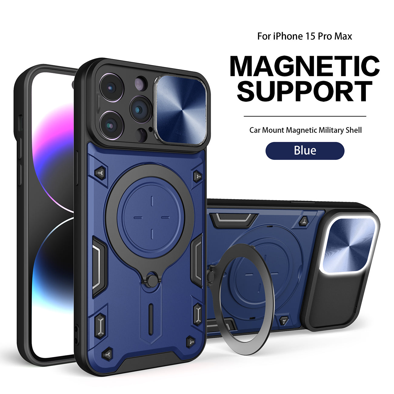 TPU PC Shockproof Magnetic Phone Case with Free Adjustment Ring Holder for IPHONE 15 PRO MAX in Blue